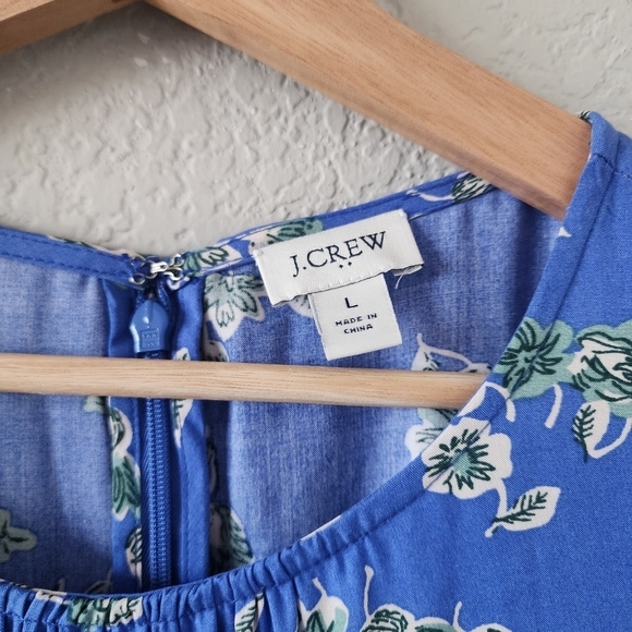 J. Crew Blue Floral Puff Sleeve Tiered Midi Dress Boho Peasant Flowy Beachy L - Picture 12 of 13